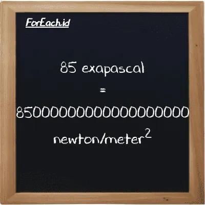How to convert exapascal to newton/meter<sup>2</sup>: 85 exapascal (EPa) is equivalent to 85 times 1000000000000000000 newton/meter<sup>2</sup> (N/m<sup>2</sup>)